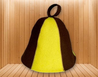 Br/Yellow Sheep Wool Sauna Hat – 100% Natural Felt Banya Cap, Handmade Finnish Steam Room & Heat Protection, Unisex Spa Gift for Him and Her