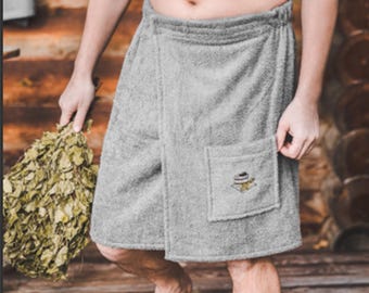 Falda escocesa de sauna de algodón para hombre con bolsillo - Toalla de spa ajustable - Sarong Banya de algodón gris