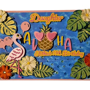 Carte d'anniversaire personnalisée faite main sur le thème flamant rose/piscine/tout âge