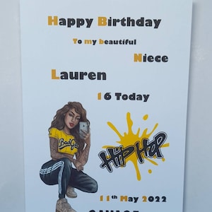 Biglietto di auguri di compleanno personalizzato fatto a mano per ragazza hip-hop/trendy/meticcia/nera