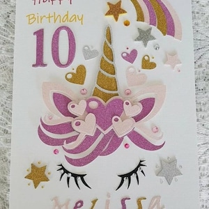 Tarjeta de cumpleaños personalizada hecha a mano con unicornio. Para cualquier edad: 1, 2, 3, 4, 5, 6, 7, 8, 9 y 10 años.