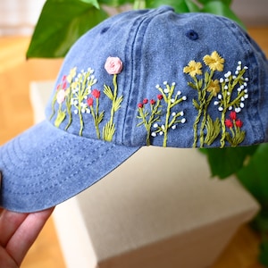 Custom Hand Embroidered Vintage Style Hat / Floral Hat / Colorful Hat / Botanical Hat / Washed Denim Hat