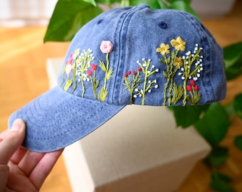 Custom Hand Embroidered Vintage Style Hat / Floral Hat / Colorful Hat / Botanical Hat / Washed Denim Hat