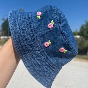 Mytoh Hand-Embroidered Bucket Hat / Denim Bucket Hat / Denim Bucket Hat with Hand-Embroidered Cherries
