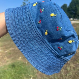Mytoh Hand-Embroidered Bucket Hat / Denim Bucket Hat / Denim Bucket Hat with Hand-Embroidered Cherries