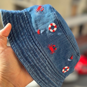 Mytoh Hand-Embroidered Bucket Hat / Denim Bucket Hat / Denim Bucket Hat with Hand-Embroidered Cherries