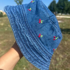 Mytoh Hand-Embroidered Bucket Hat / Denim Bucket Hat / Denim Bucket Hat with Hand-Embroidered Cherries