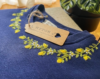 Mytoh Personalisiertes blaues Sweatshirt, handbestickt. Zitronen-Sweatshirt. Blumen-Sweatshirt