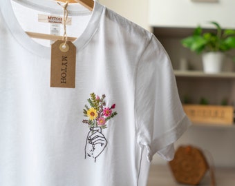 Mytoh Maglietta personalizzata, ricamata a mano, 100% cotone. Modello mano con fiori ricamati.