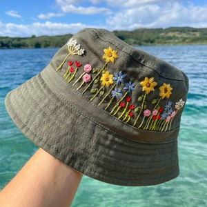 Custom Hand Embroidered Vintage Style Hat / Floral Hat / Colorful Hat / Botanical Hat / Washed Denim Hat