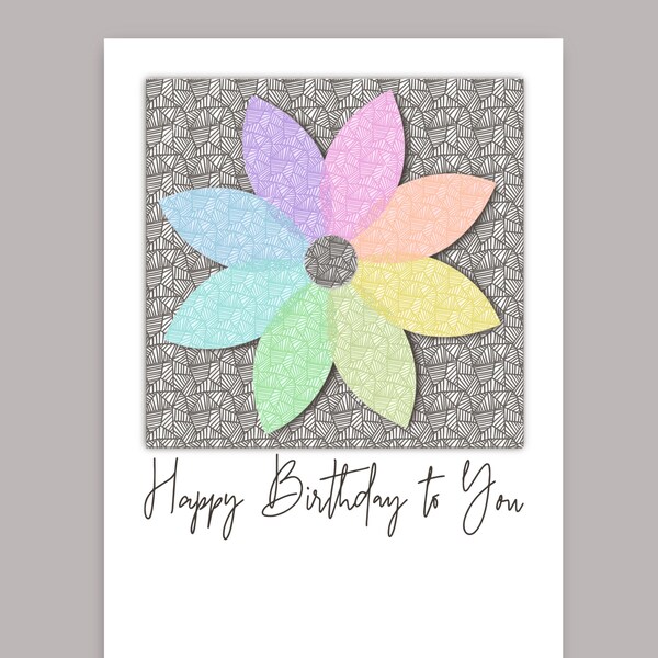 Birthday Card - Funky Colourful Flower  - Alternative, Different, Unique - Black + Pastels - For Her, For Teenager - A5 + A6 FREE UK POSTAGE