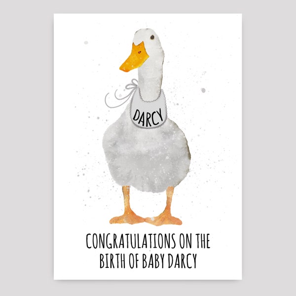Personalised Baby Birth Congratulations Card - Choose A Name - Grey Duck’s Bib - A5 or A6 - New Baby - Congratulation - Bundle of Joy