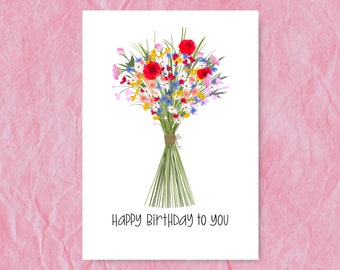 Carte d'anniversaire de fleurs sauvages - Un bouquet de belles fleurs liées dessinées à la main - Manuscrit - Pour elle - Ami, voisin, collègue - A5 A6