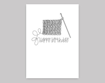 Crochet Happy Birthday Card - Hand-Drawn + Hand-Lettered - for Crochet Addict or fan - Size A6 - FREE UK POSTAGE