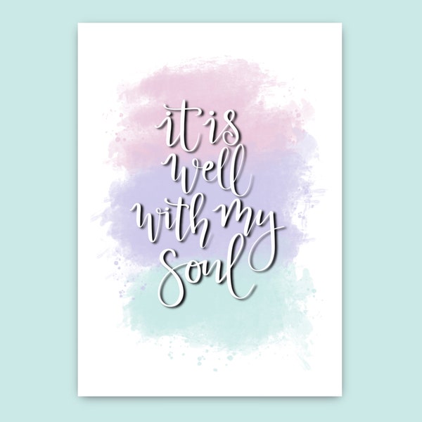Bible Verse Card - It Is Well With My Soul Card - PURPLES + MINT - For Baptism, Encouragement, Get Well, Ordination, etc - Hymn - Size A6