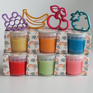 Fruit set of 4 stencils and 6 dough jars. Grape, banana, chery, strawberry stencils with yellow, orange, blue, red,light green, pink dough