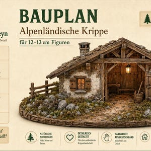 May include: A wooden model of an Alpine nativity stable with a stone-textured wall, a chimney, a wooden door, and a small lantern. The text reads 'BAUPLAN Alpenländische Krippe' and includes technical specifications for 12-13 cm figures, 63 cm width, 40 cm depth, and 32 cm height.