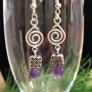 Amethyst Renaissance dangle earrings, silver, purple, genuine polished gemstone, nickel free, lightweight