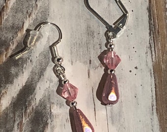 Pink Luster Teardrop Dangle/Drop Earrings, Pink Crystal, Pink Shimmer, Silver