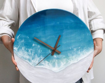 Wanduhr mit Meeresmotiv, Wellenuhr aus Kunstharz, Kunstuhr aus Kunstharz, moderne Wohnzimmer-Holzuhr, große Wanduhr