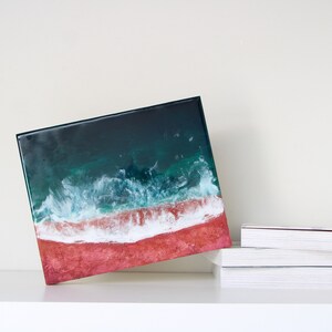 Epoxy resin beach, green ocean resin art, coastal artwork, painting sea wave, 3D wall art, modern resin beach art,  textured beach resin