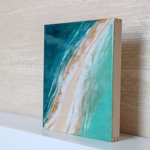Ocean coastal resin beach wall art, green waves painting, resin wood canvas, two seas art painting, sandbank painting, epoxy resin ocean