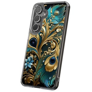 May include: A clear phone case featuring a peacock feather design. The design incorporates teal and gold colors with a dark background. The case has a clear border and a camera cutout.