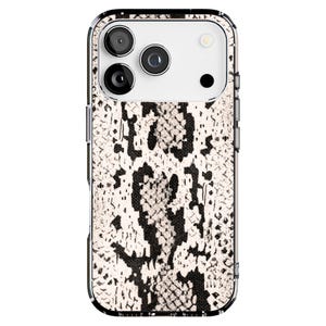 May include: A smartphone case with a snakeskin pattern in black and off-white. The case has a clear border and a camera cutout at the top. The case is designed to fit a smartphone.