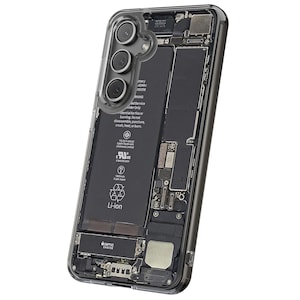 May include: Clear phone case revealing internal components, including battery and circuit board. The case has a transparent design, showcasing the phone's internal structure. The phone has three camera lenses.