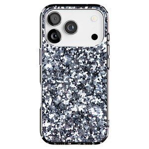 May include: A silver glitter phone case with a clear, protective bumper. The case has a rectangular shape with rounded corners and a camera cutout. The glitter is densely packed, creating a sparkling effect. The case is designed to fit a smartphone.