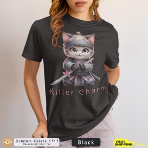Killer Charm Cat T-Shirt, Cute Cat Cartoon Tee, Unisex Graphic Shirt, Funny Pet Lover Apparel, Gifts for Cat Lovers, Anime Style T-Shirt