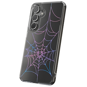 May include: Clear phone case with a spiderweb design in shades of pink, purple, and blue. The case has a black border and a camera cutout. The spiderweb design is centered on the back of the case.