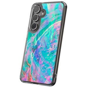 May include: A clear phone case with a colorful, abstract design. The case features a swirling pattern of teal, pink, purple, and white, creating a vibrant, marbled effect. The case has a black border and cutouts for the phone's camera and buttons.