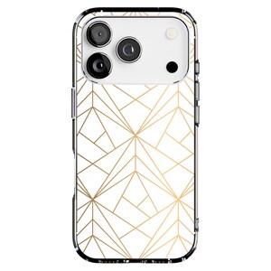 May include: A clear phone case with a geometric gold pattern on a white background. The case has a black border and covers the phone's camera lenses.
