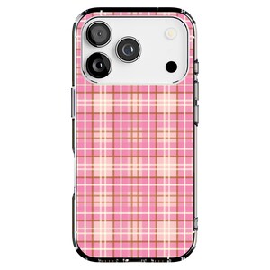 May include: A pink plaid phone case with a clear border. The case features a repeating pattern of pink, white, and brown lines, creating a classic plaid design. The phone case has a camera cutout.