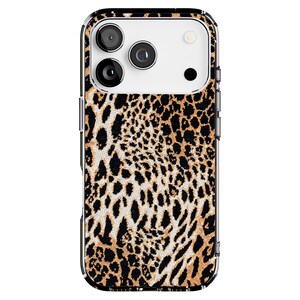 May include: A smartphone case with a clear border and a leopard print design. The case features a pattern of black spots on a tan background. The phone's camera lenses are visible at the top.