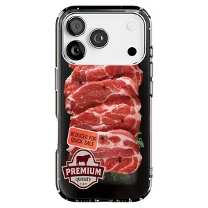 May include: A phone case featuring a photo of raw meat, with peppercorns and a "Reduced for Quick Sale" sticker. The meat is red and pink, and the case has a black border.