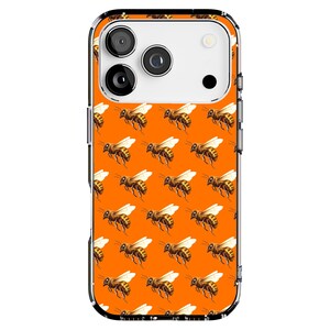 May include: A phone case with a repeating pattern of bees on an orange background. The bees are brown and yellow with white wings. The case has a clear border and a camera cutout.