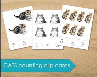 Tarjetas clip para contar GATOS - Matemáticas Montessori - Material educativo - Imprimible