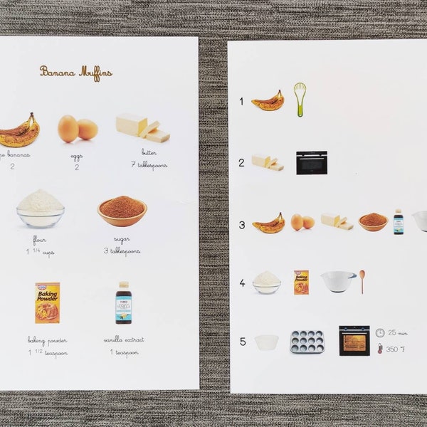 Montessori visual recipe - Banana Muffins - Multilingual (EN-FR) - Educational material - Printable