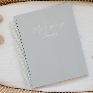 May include: A light gray spiral-bound journal with the text My Pregnancy Journey printed in white script on the cover. The journal is accompanied by a white pen and a small, textured, beige crescent moon-shaped object with a ribbon.