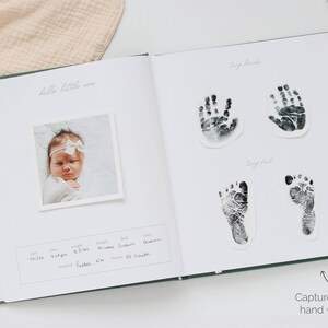 May include: An open baby memory book with a dark green cover. The left page features a square photograph of a baby with a white bow, and a printed box for birth details. The right page displays two black ink handprints and two footprints.