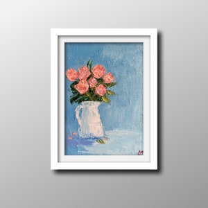 Pot met rozen Olieverfschilderij Bloemen Originele kunst Bloemen in pot Wandkunst Rozen Bloemen Mini Kunstwerk op 7x5 inch door ArtByMalsag