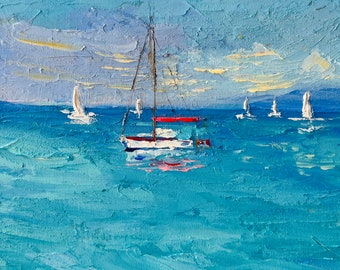 ヨット油絵 海景絵画 ヨット絵画 ヨットオリジナルアート ヨット