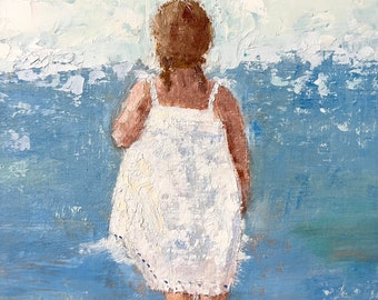 海辺の女性 油絵 ビーチで夢見る少女 アート風景 アートキャンバス