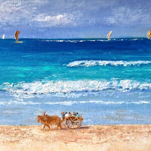 ビーチのカート油絵海景オリジナルアートミャンマー絵画カート9x11インチアートワークby ArtByMalsag