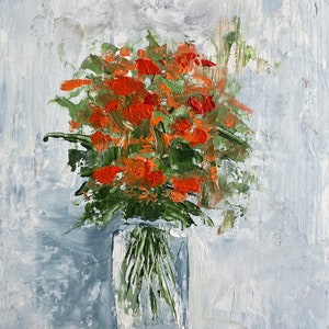 Rote Blumen Ölgemälde Rote Blumen in einer Vase Blumen Original Kunst Blumen in der Vase Wandkunst Rote Blumen Kunstwerk von ArtByMalsag
