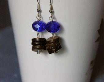 Tia's Treasures Handmade Stacked Wood Bead & Sapphire Blue Bead Dangle Earrings
