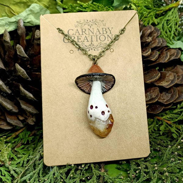 Handmade Crystal Mushroom Pendant - Brown Mushroom - Citrine Mushroom necklace