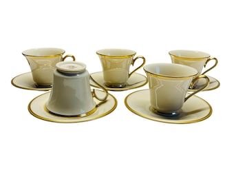 Zestaw 5 filiżanek i spodków Lenox Dimension Eternal Gold Trim z eleganckiej porcelany kostnej dla każdego członka rodziny królewskiej